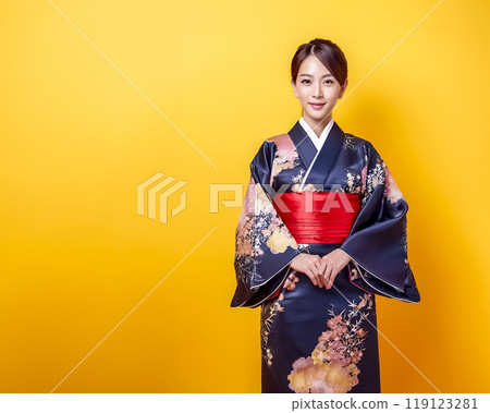 Woman wearing a kimono, image material with a gold background 119123281