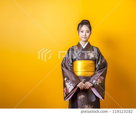 Woman wearing a kimono, image material with a gold background 119123282