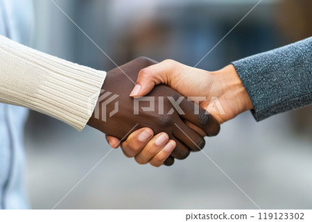 Professional handshake between Black and Caucasian businesswomen sealing a deal. 119123302