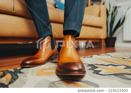 Stylish Leather Chelsea Boots Paired with suit, indoor, close up, indoor. 119123303
