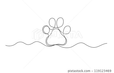 Dog or wolf paw one continuous line sketch. Doodle animal footprint 119123469