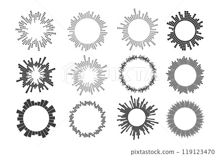 Circular sound waveform. Music equalizer bar set. Vector illustrations isolated on white background. Circular sound waveform. Music equalizer bar set. Vector illustrations isolated on white background. 119123470