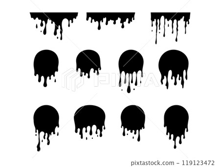 Circle with drips. Abstract melt silhouette. Honey, blood or chocolate blobs set 119123472