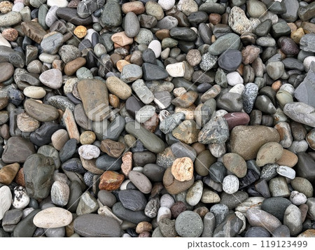 natural background of sea pebbles. emply beach. 119123499