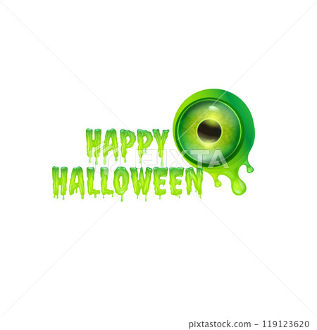 Happy halloween text logo with liquid green slime and zombie green eye isolated on transaparent background. Square happy halloween png banner, poster and poster with melting text and monster eyeball 119123620
