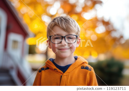 Autistic child drawing a picture with colorful pencils. 119123711