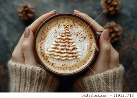 woman hands holding cup of coffee with crema. shape of christmas tree made with cinnamon 119123718