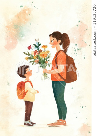 A Postcard for international teacher's day. Children congratulating PE teacher with flowers 119123720