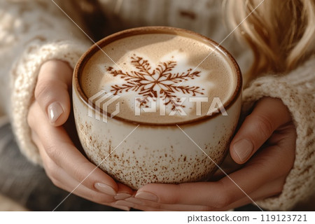 woman hands holding cup of coffee with crema. shape of snowflake made of cinnamon 119123721