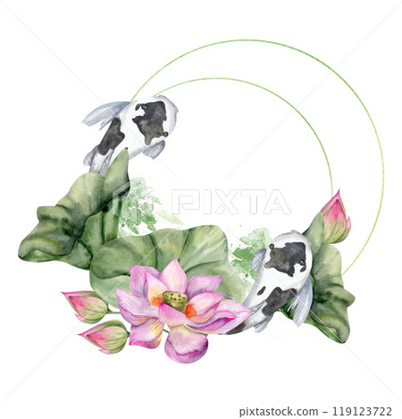 Pink lotus flower with buds and green leaves , swimming koi carp fish watercolor round frame. Asian floral wreath with Buddhism and zen symbols elements for packing, label ,web design.Spa and wellness 119123722
