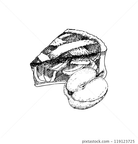 Vector ink autumn apple pie piece with half apple composition. Hand drawn line art graphics, sweet Thanksgiving cake illustration for bakery, cafe seasonal menu design. Vector ink autumn apple pie piece with half apple composition. Hand drawn line art graphics, sweet Thanksgiving cake illustration for bakery, cafe seasonal menu design. 119123725