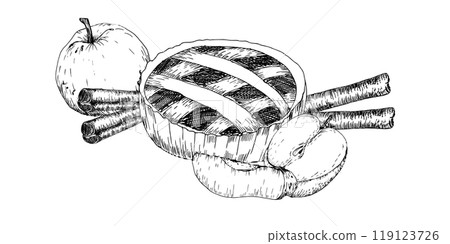Baked apple pie with apple fruits and cinnamon sticks ink graphics. Hand drawn vector autumn seasonal illustration, Thanksgiving food. Poster, packing, cafe or bakery menu design 119123726