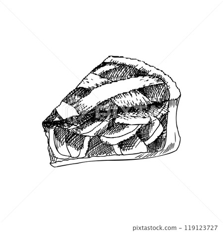 Apple pie piece vector sketch, fresh baked sweet food ink graphics, autumn traditional festive cake for American thanksgiving card, product packing, label, web design Apple pie piece vector sketch, fresh baked sweet food ink graphics, autumn traditional festive cake for American thanksgiving card, product packing, label, web design 119123727