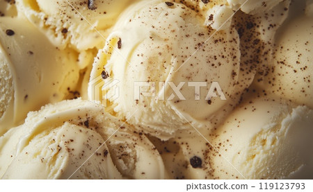 close up of chocolate chip vanilla ice cream scoops background 119123793