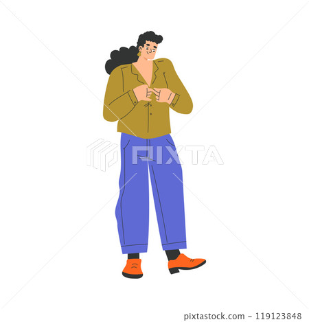 Woman Character Dress Up Put On Clothes Button Blouse Vector Illustration 119123848