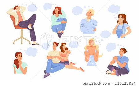 Man and Woman Character Dreaming with Cumulus Cloud Imagining Vector Illustration Set Man and Woman Character Dreaming with Cumulus Cloud Imagining Vector Illustration Set 119123854