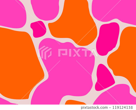 Playful Spotted Seamless Pattern with Neon Orange and Pink Colored Abstract Shapes. Trendy Vibrant Background with Liquid Stains and Blots. Bright Minimal Aesthetic. Repeat vector illustration Playful Spotted Seamless Pattern with Neon Orange and Pink Colored Abstract Shapes. Trendy Vibrant Background with Liquid Stains and Blots. Bright Minimal Aesthetic. Repeat vector illustration 119124138