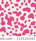 Abstract pink on White cow or giraffe spots seamless pattern. Hot pink organic blob shapes on saturated beige background. Hand drawn trendy vivid minimalist safari print for Textile, Fabric, Wrapping 119124141