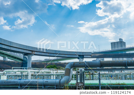 Osaka City, Kita Ward, Hanshin Expressway Yodogawa Left Bank Line, Ebie Junction and Ebie Sewage Treatment Plant under construction Osaka City, Kita Ward, Hanshin Expressway Yodogawa Left Bank Line, Ebie Junction and Ebie Sewage Treatment Plant under construction 119124174