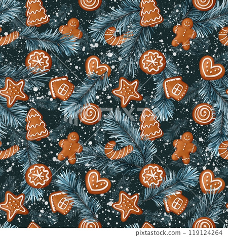 Seamless pattern with fir branches and gingerbread cookies. Design for Christmas sale background, wrapping paper, cards, textile Seamless pattern with fir branches and gingerbread cookies. Design for Christmas sale background, wrapping paper, cards, textile 119124264