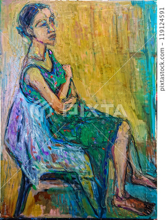 Oil painting of a woman in green Oil painting of a woman in green 119124591