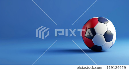 A soccer ball with red, white, and blue panels rests on a blue surface. Generative AI 119124659
