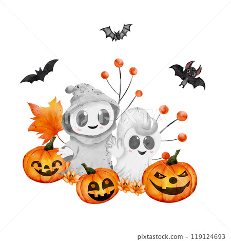 Friendly watercolor ghosts with pumpkins and flying bats with autumn leaves on a white background. Hand drawn. Square composition for printing on fabrics, stickers, for design Friendly watercolor ghosts with pumpkins and flying bats with autumn leaves on a white background. Hand drawn. Square composition for printing on fabrics, stickers, for design 119124693