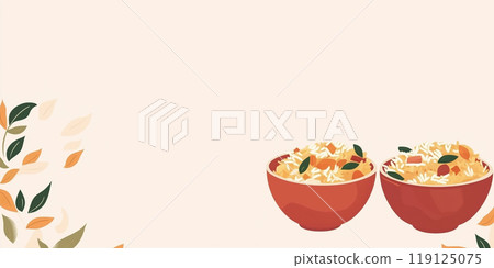 Two bowls of rice and veggies sit decoratively Two bowls of rice and veggies sit decoratively 119125075