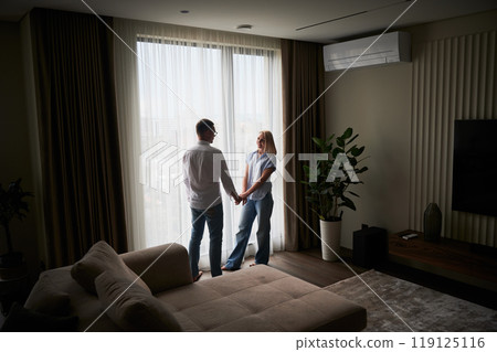 Cute couple standing opposite the window in natural sunlight. Handsome man holding hands with his girlfriend. View from afar of couple in casual clothes. Cute couple standing opposite the window in natural sunlight. Handsome man holding hands with his girlfriend. View from afar of couple in casual clothes. 119125116