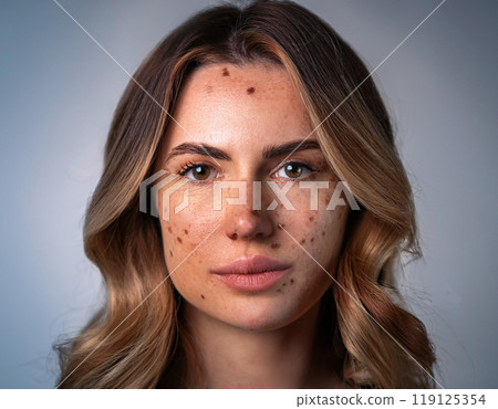 Woman Suffering From Sun Damage Actinic Keratosis 119125354