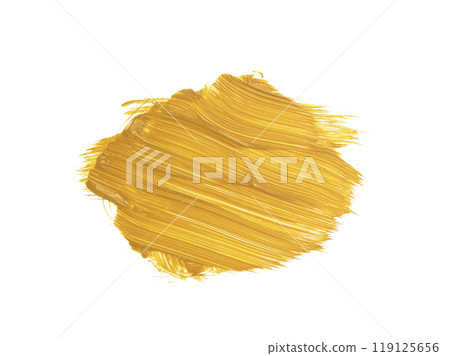 A vibrant yellow paint swatch shows brush strokes against a clean white backdrop, highlighting its rich color and texture 119125656