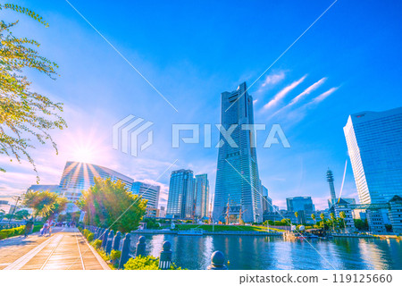 Yokohama cityscape in Japan - View of Yokohama Landmark Tower and Minato Mirai from Kishamichi (26th) 119125660