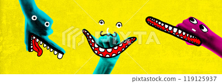 Three colorful hand characters with big teeth and silly eyes, creating humorous interaction on bright yellow background. Contemporary art collage. 119125937