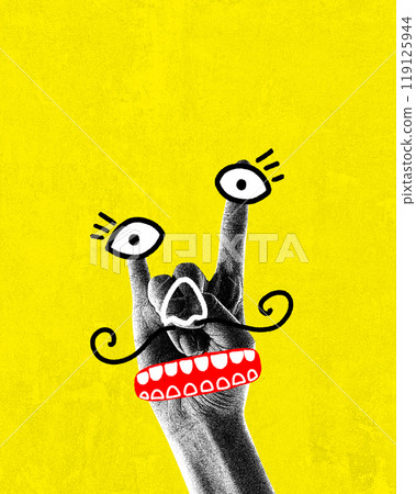 Hand with big, round eyes and curled mustache with quirky expression, exaggerated toothy smile on yellow background. Contemporary art collage. 119125944