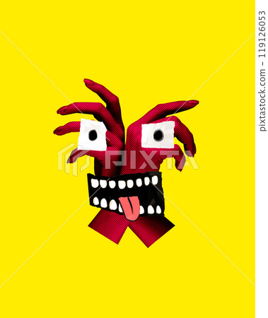 Red hand forming funny character with drawn eyes and creepy smile with tongue out against bright yellow background. Contemporary art collage. Red hand forming funny character with drawn eyes and creepy smile with tongue out against bright yellow background. Contemporary art collage. 119126053