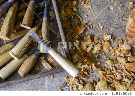 carpentry tools on a worksite, wood carving tools 119126088
