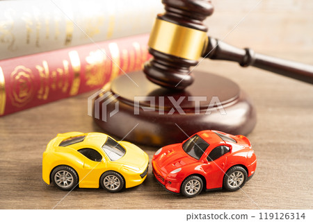 Bangkok, Thailand, January 1, 2024 Hammer gavel judge with car vehicle accident, insurance coverage claim lawsuit court case. 119126314