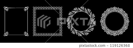 Set of decorative frames Elegant vector element for design in Eastern style, place for text. Floral black and white borders. Lace illustration for invitations and greeting cards. Set of decorative frames Elegant vector element for design in Eastern style, place for text. Floral black and white borders. Lace illustration for invitations and greeting cards. 119126368