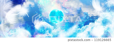 Background illustration of a sea of clouds floating in the blue night sky and a blue full moon, and fluffy white angel wings Background illustration of a sea of clouds floating in the blue night sky and a blue full moon, and fluffy white angel wings 119126665