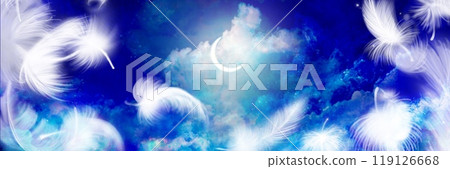 A background illustration of a sea of clouds and a crescent moon floating in the blue night sky and fluffy white angel wings A background illustration of a sea of clouds and a crescent moon floating in the blue night sky and fluffy white angel wings 119126668