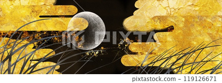 Japanese painting style full moon and mist, Heian picture scroll wide size background 119126671