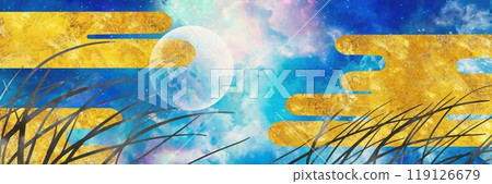 Japanese painting style full moon and mist, Heian picture scroll wide size background Japanese painting style full moon and mist, Heian picture scroll wide size background 119126679