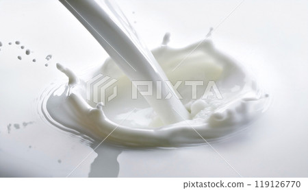 Close-up of milk being poured on white background Close-up of milk being poured on white background 119126770