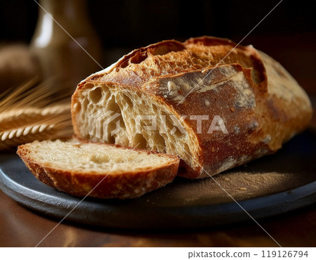 Freshly baked campagne on a wooden cutting board 119126794