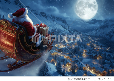 聖誕老人和馴鹿在天空飛翔的聖誕夜景 聖誕老人和馴鹿在天空飛翔的聖誕夜景 119126962