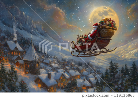 聖誕老人和馴鹿在天空飛翔的聖誕夜景 聖誕老人和馴鹿在天空飛翔的聖誕夜景 119126963
