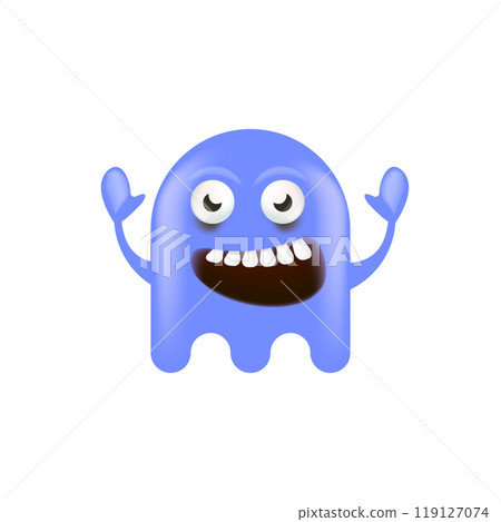 Funny very cute smiling violet ghost monster isolated on white background. Comic Funky violet Ghost cartoon character and cute emoji. Halloween spirit element. 119127074