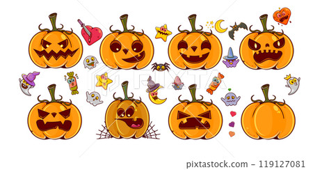 Set pumpkins on white transparent background. Orange pumpkins with smile, ghosts, spiders, witch hats for your design for the holiday Halloween. October holiday design elements. Vector illustration. 119127081