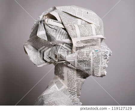 Human Brain in Newspaper Collage Style Symbolizing Learning, Imagination and Mental Capacity Suitable For Educational Concepts 119127129