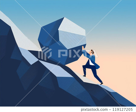 Man Pushing Stone Uphill With Determination Overcoming Obstacles Metaphor 119127205